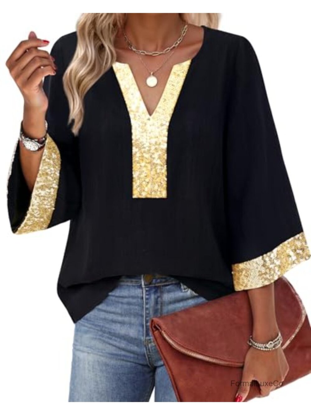 Women's 3/4 Sleeve V-Neck Floral Chiffon Blouse Loose Fit Tunic Top